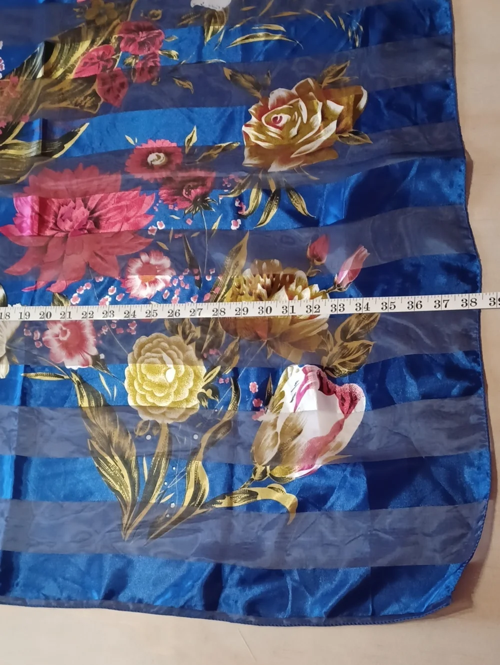 Vintage Floral Striped Square Scarf Blue Chiffon Satin 39×39 Grandma-Core